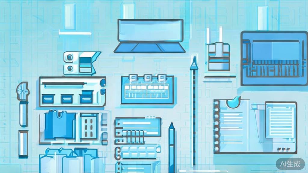 Flat vector illustration of productivity tools in a minimalist office, dashboard style, soft blue gradient