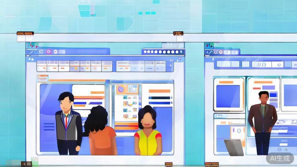 "Flat vector illustration of a diverse startup team collaborating, dashboard style, soft blue gradient"