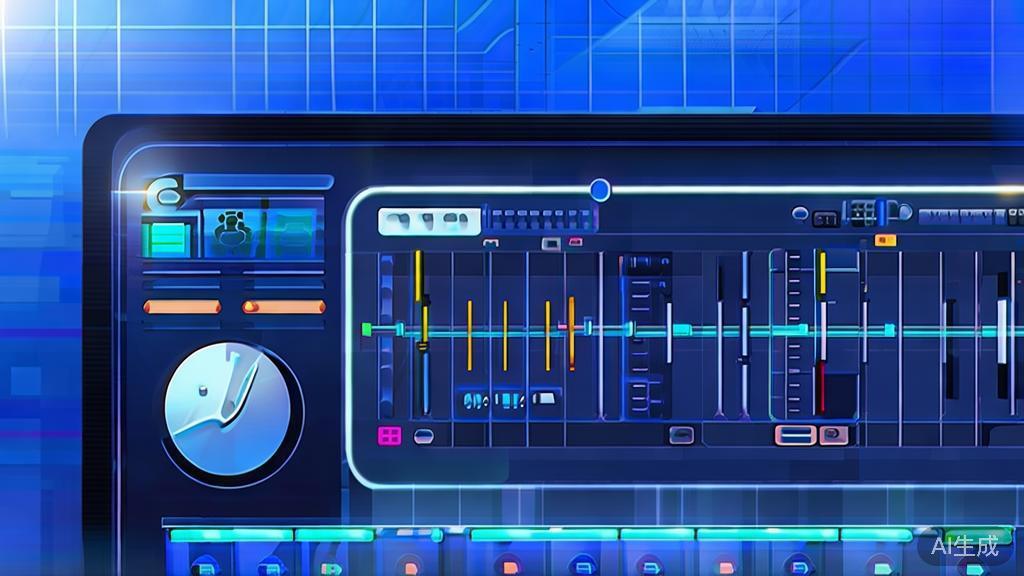 "Flat vector illustration of post-production tools for short dramas, dashboard style, soft blue gradient"