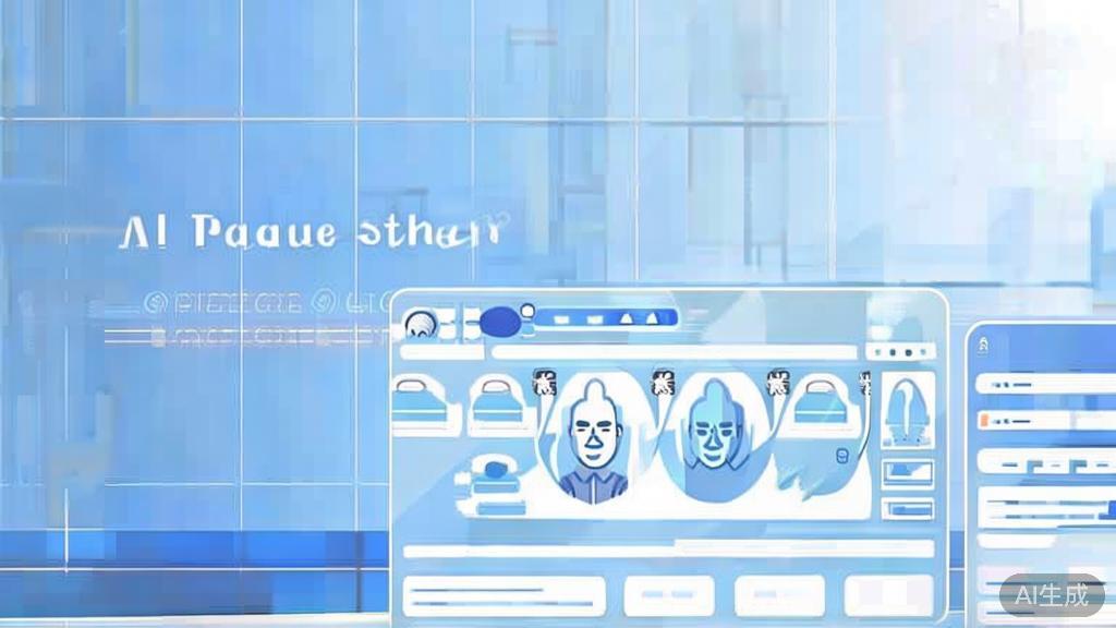 Flat vector illustration of AI换脸 technology in advertising, dashboard style, soft blue gradient