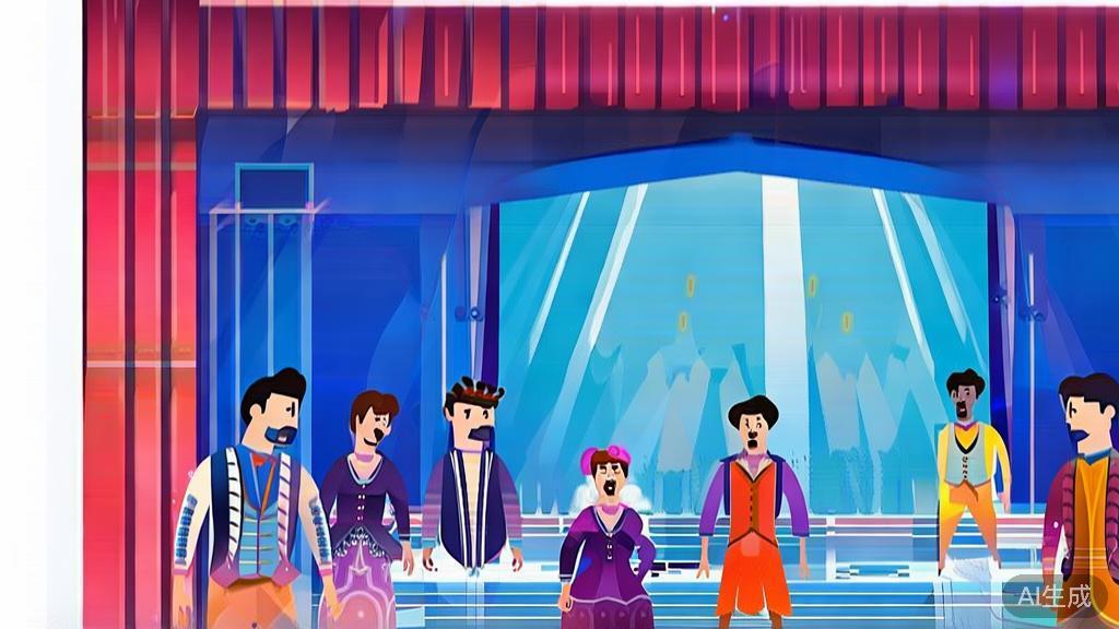 Flat vector illustration of a theater stage with actors performing a short drama, dashboard style, soft blue gradient