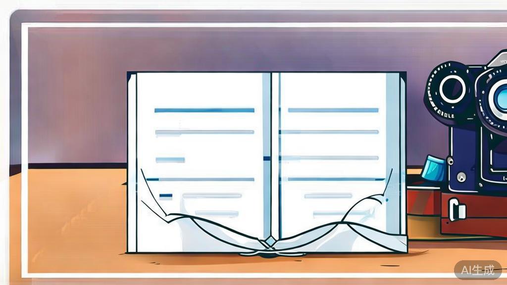 High-quality illustration of a script and a camera, representing short film creation, minimal flat design