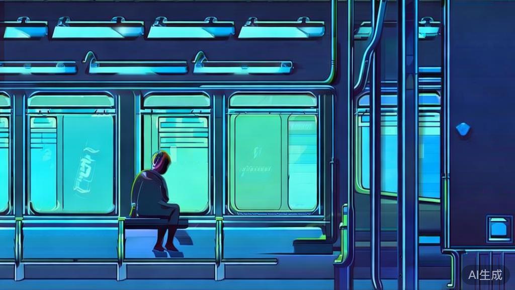 Flat vector illustration of a solitary subway scene, depicting urban loneliness theme, soft blue gradient