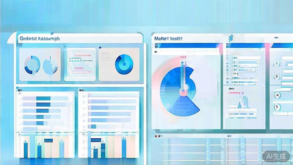 Flat vector illustration of market research analysis, dashboard style, soft blue gradient