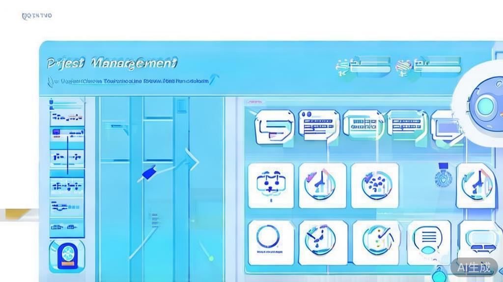 Flat vector illustration of project management process with AI integration, dashboard style, soft blue gradient