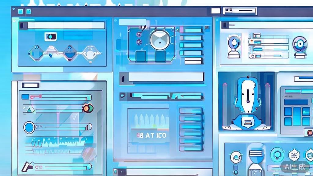Flat vector illustration of AI tools in business settings, dashboard style, soft blue gradient