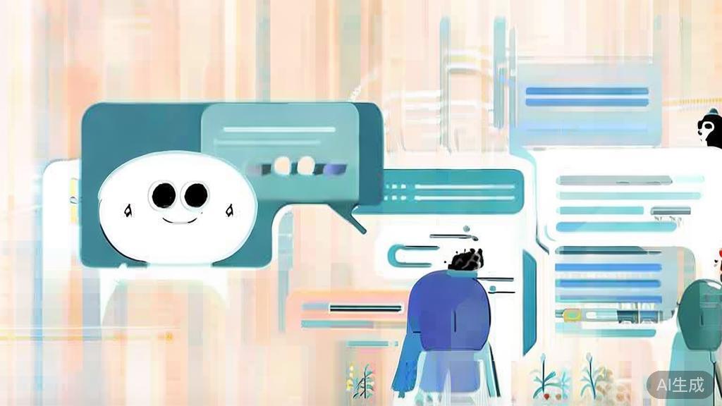 "High-quality business illustration of AI customer service chatbot interacting with students, minimal flat design"