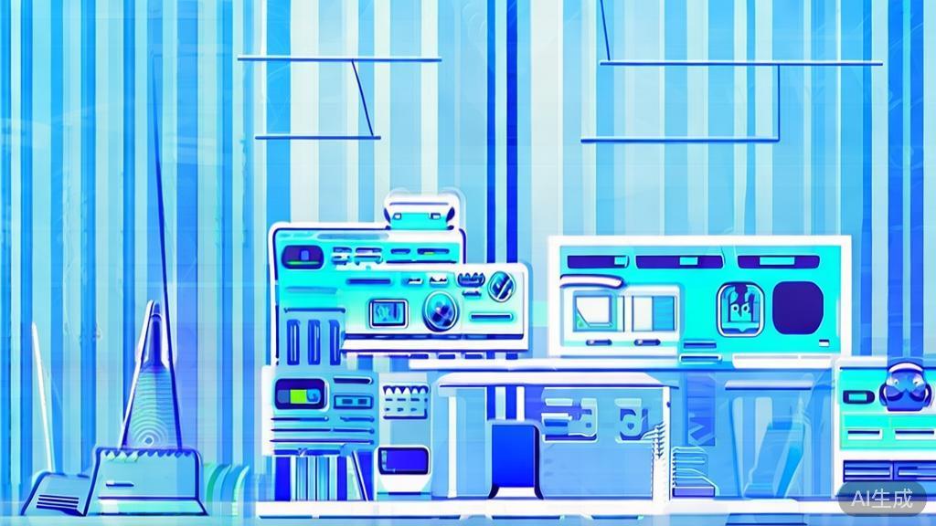 "Flat vector illustration of future AI technology in entrepreneurship, featuring various AI applications, soft blue gradient"