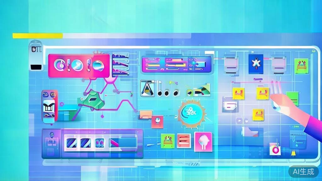 Flat vector illustration of creative brainstorming session using AI tools, dashboard style, soft blue gradient