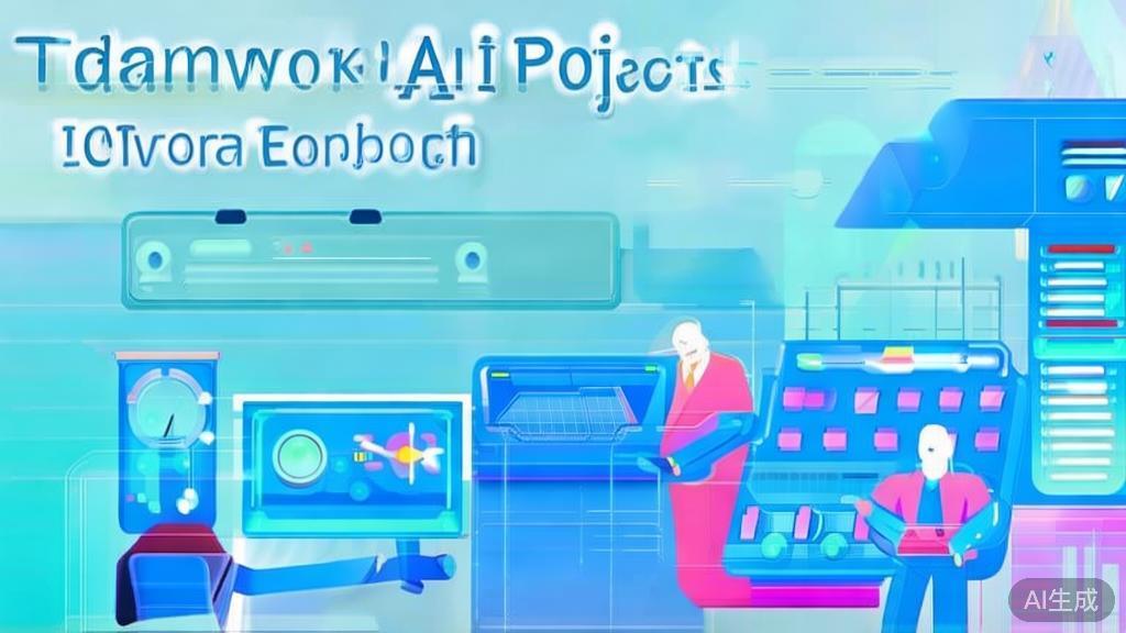 Flat vector illustration of teamwork in AI projects, dashboard style, soft blue gradient