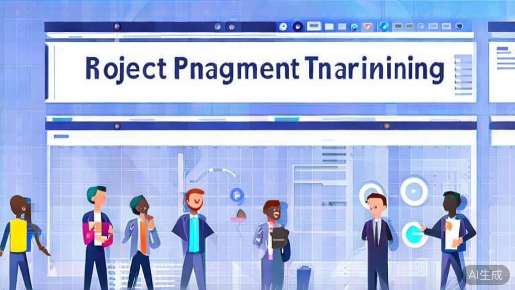 Flat vector illustration of team training in project management, dashboard style, soft blue gradient