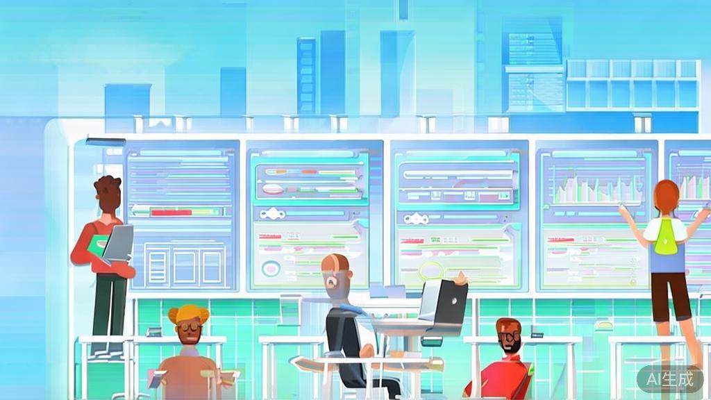Flat vector illustration of a diverse startup team collaborating, dashboard style, soft blue gradient