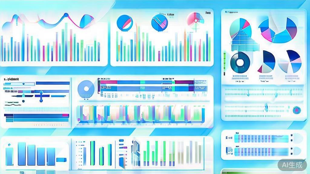 Flat vector illustration of data visualization techniques in creative processes, dashboard style, soft blue gradient