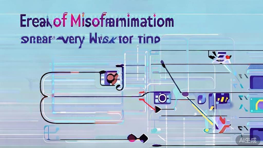 "Flat vector illustration of misinformation spread, dashboard style, soft blue gradient"
