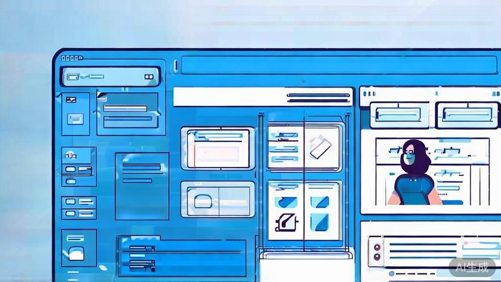 "Flat vector illustration of a blogger using AI tools for content creation, dashboard style, soft blue gradient"
