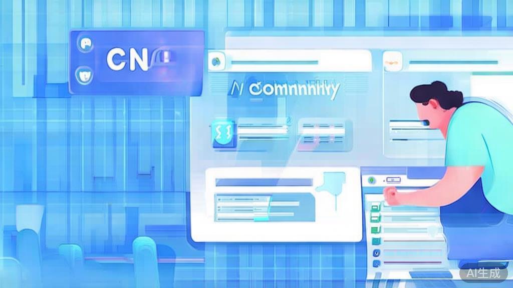 "Flat vector illustration of a user engaging with an AI community, dashboard style, soft blue gradient"