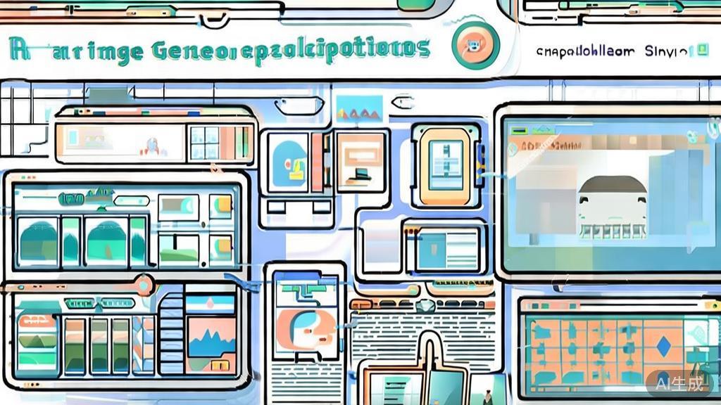 High-quality illustration of various applications of AI image generation in different fields, minimal flat design