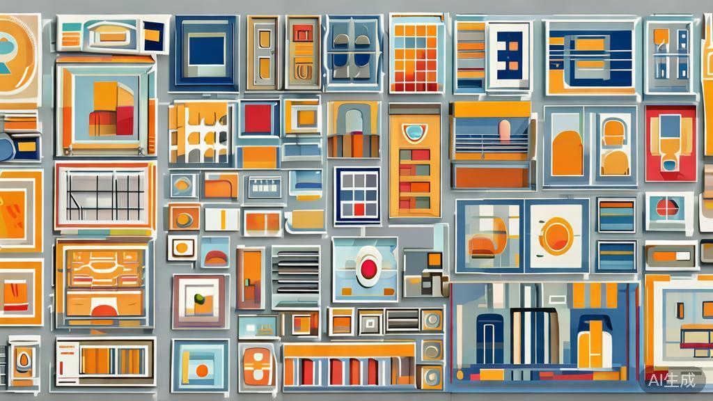 High-quality illustration of diverse AI-generated artworks, minimal flat design