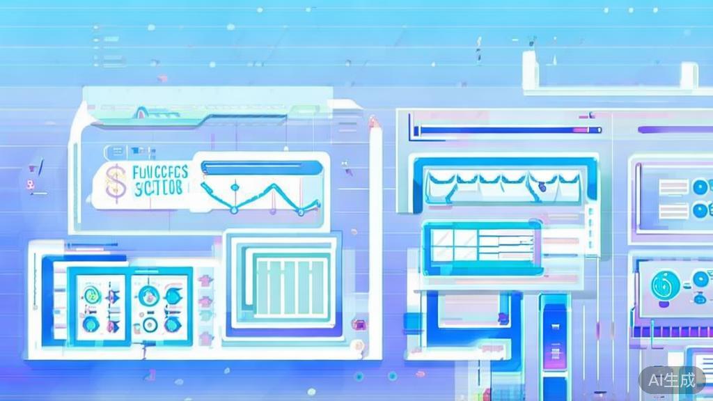 "Flat vector illustration of diverse applications of AI technology in healthcare, finance, and entertainment, dashboard style, soft blue gradient"