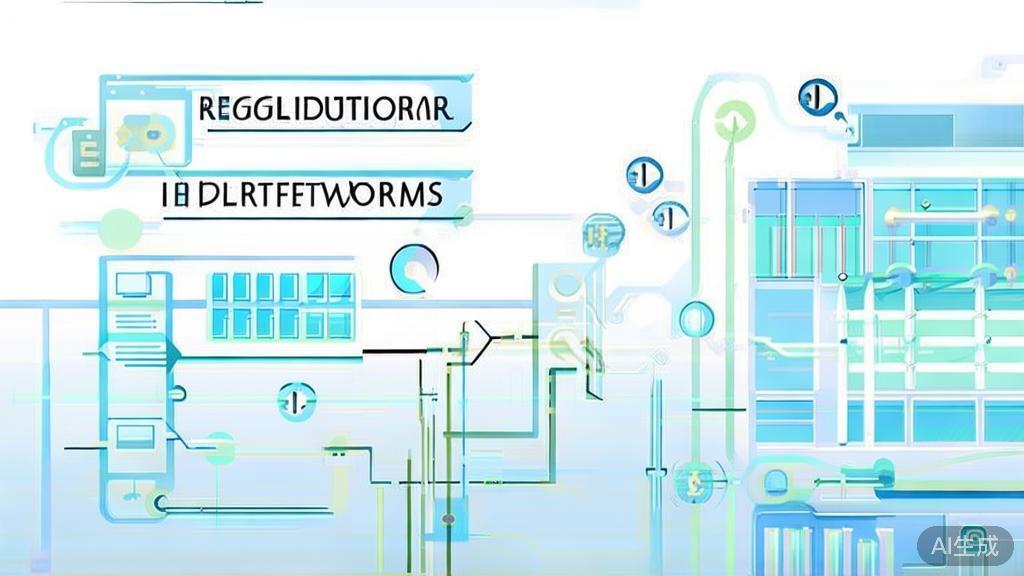 Flat vector illustration of regulatory frameworks in finance, dashboard style, soft blue gradient