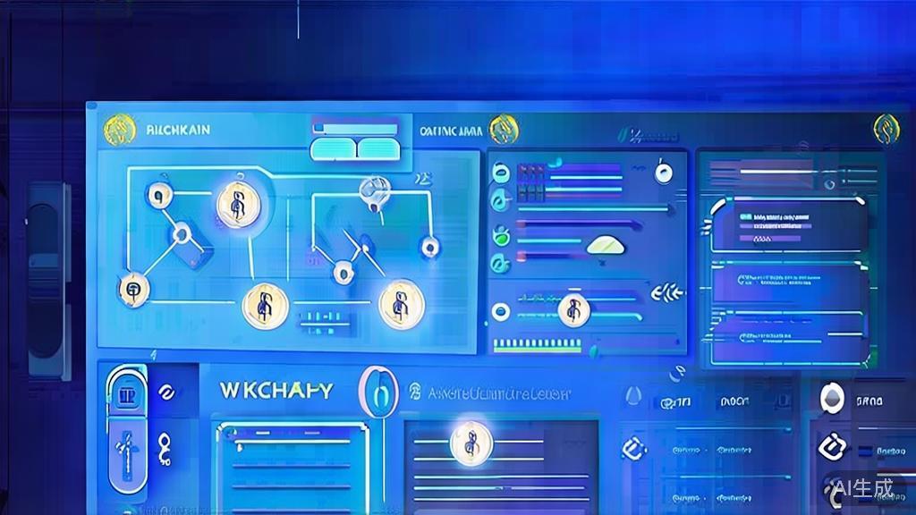 Flat vector illustration of blockchain technology, dashboard style, soft blue gradient