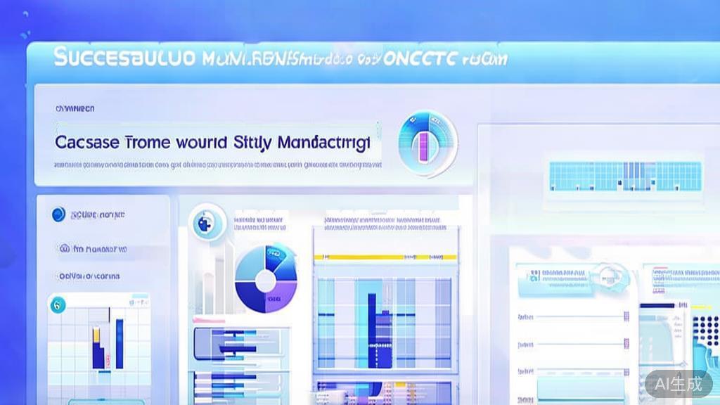 Flat vector illustration of a successful case study in manufacturing using token代理, dashboard style, soft blue gradient