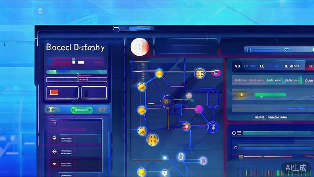 Flat vector illustration of blockchain technology, dashboard style, soft blue gradient