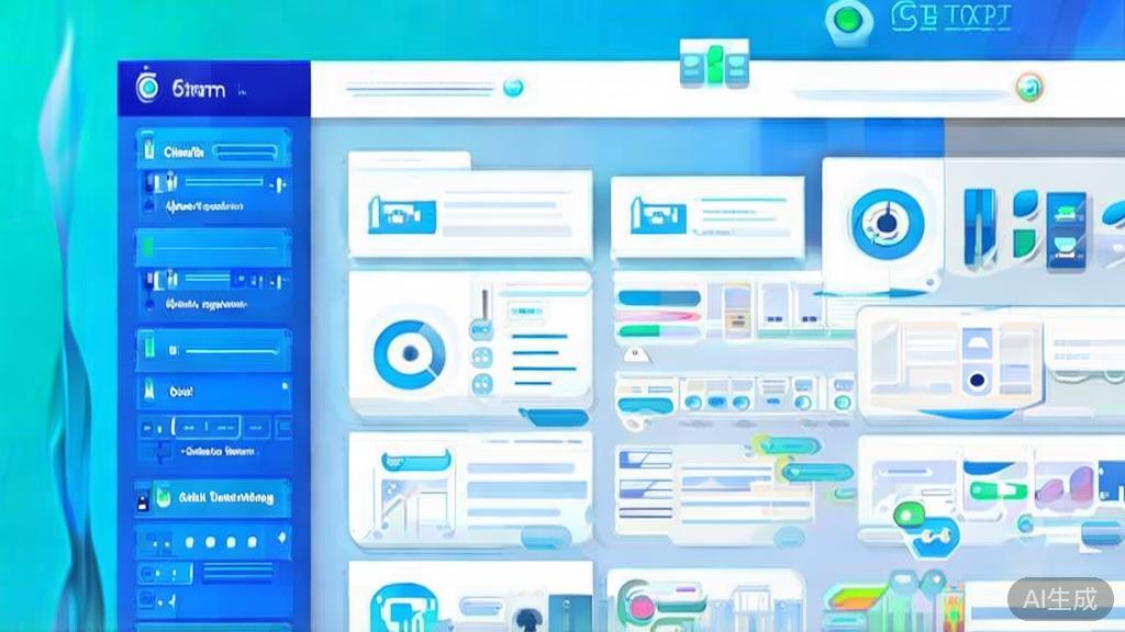 Flat vector illustration of content generation strategies for 6Dream API, dashboard style, soft blue gradient