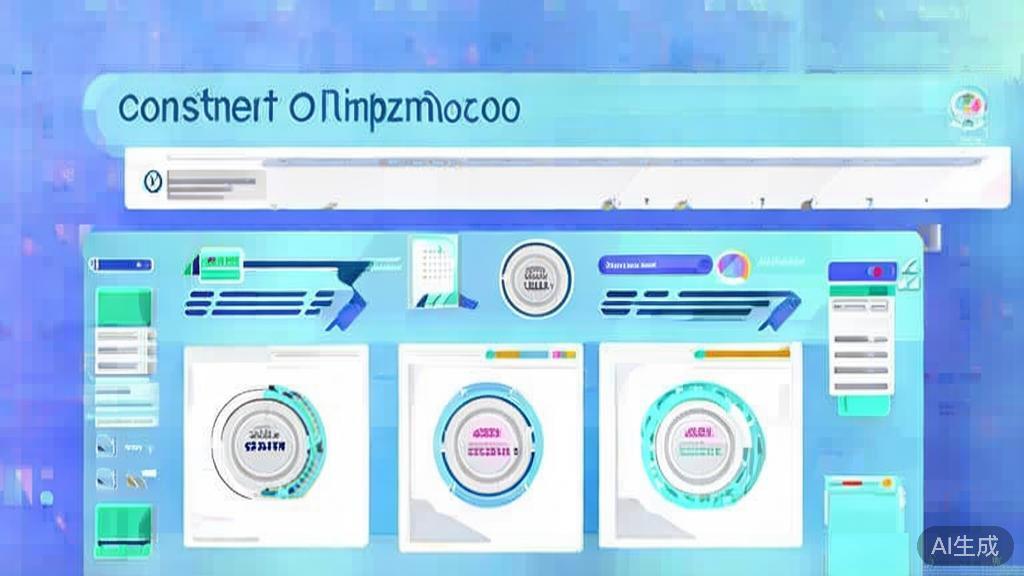 Flat vector illustration of content optimization process, dashboard style, soft blue gradient