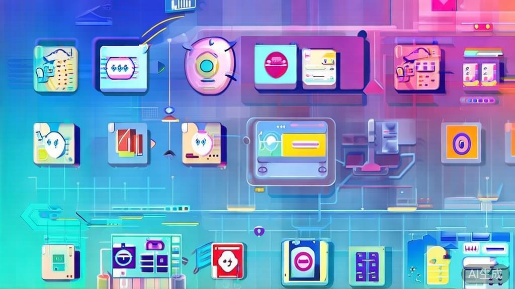 "Flat vector illustration of diverse applications of AI chatbots in various industries, dashboard style, soft blue gradient"
