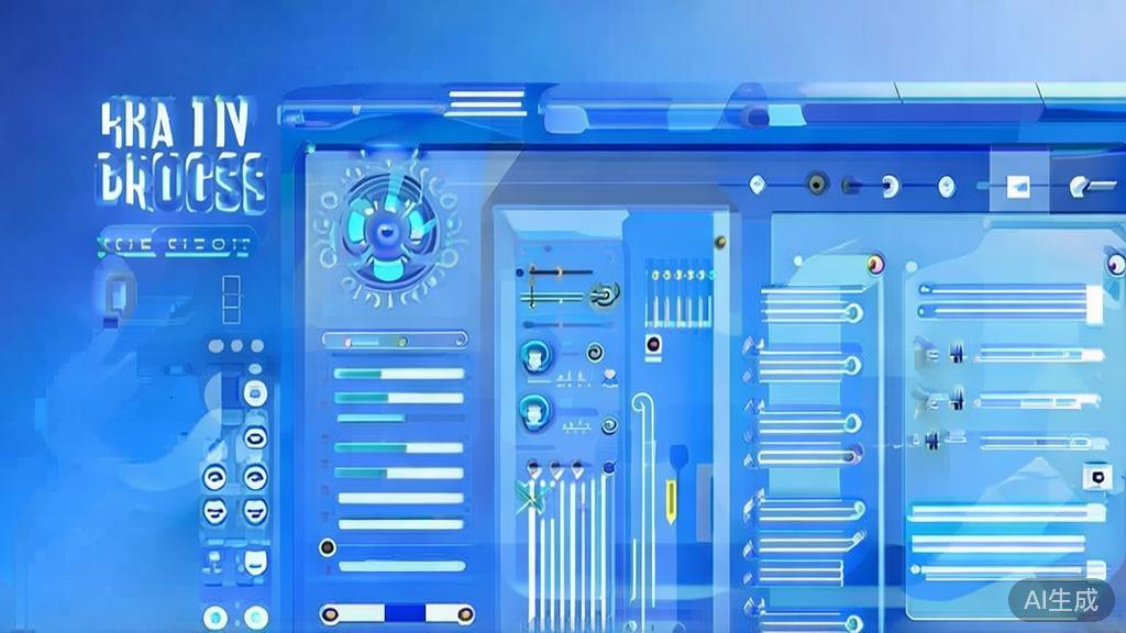 Flat vector illustration of creative process using AI, dashboard style, soft blue gradient