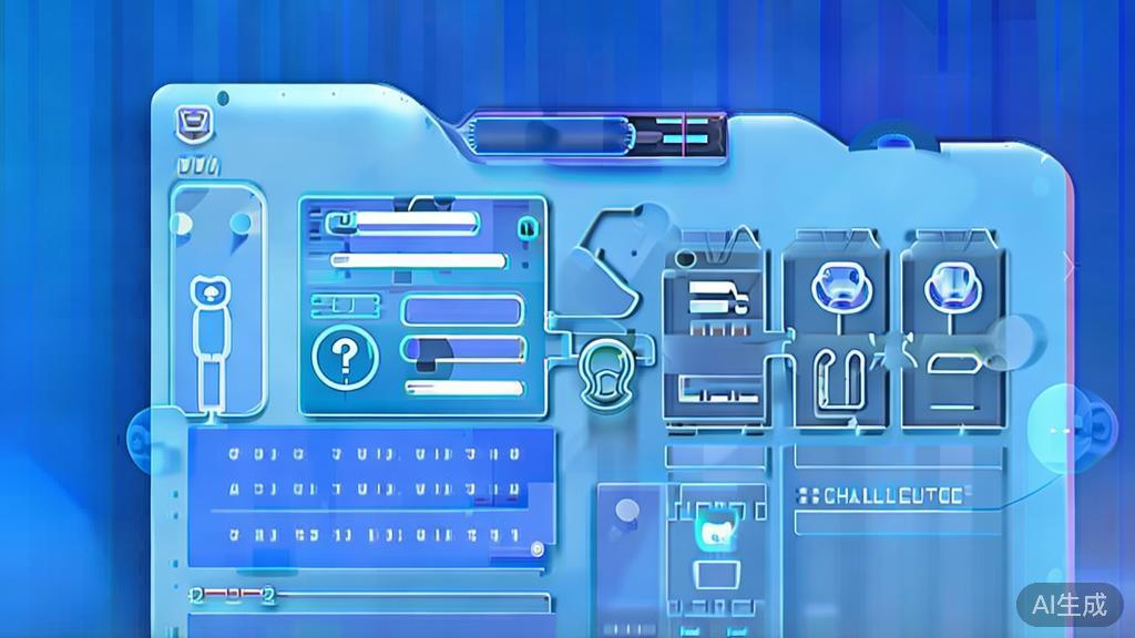 Flat vector illustration of future challenges in AI writing, dashboard style, soft blue gradient