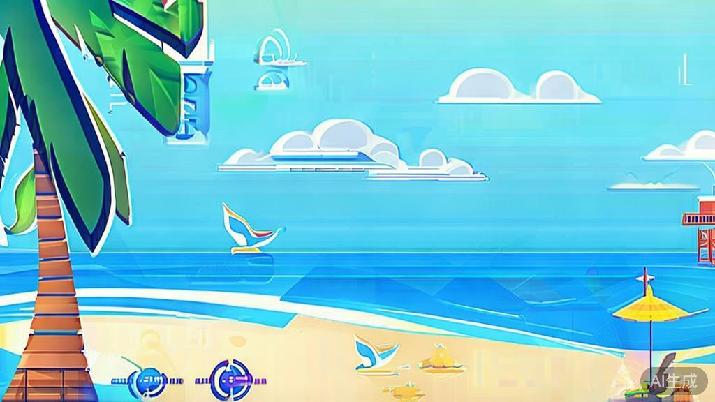 Flat vector illustration of summer beach scene, dashboard style, soft blue gradient