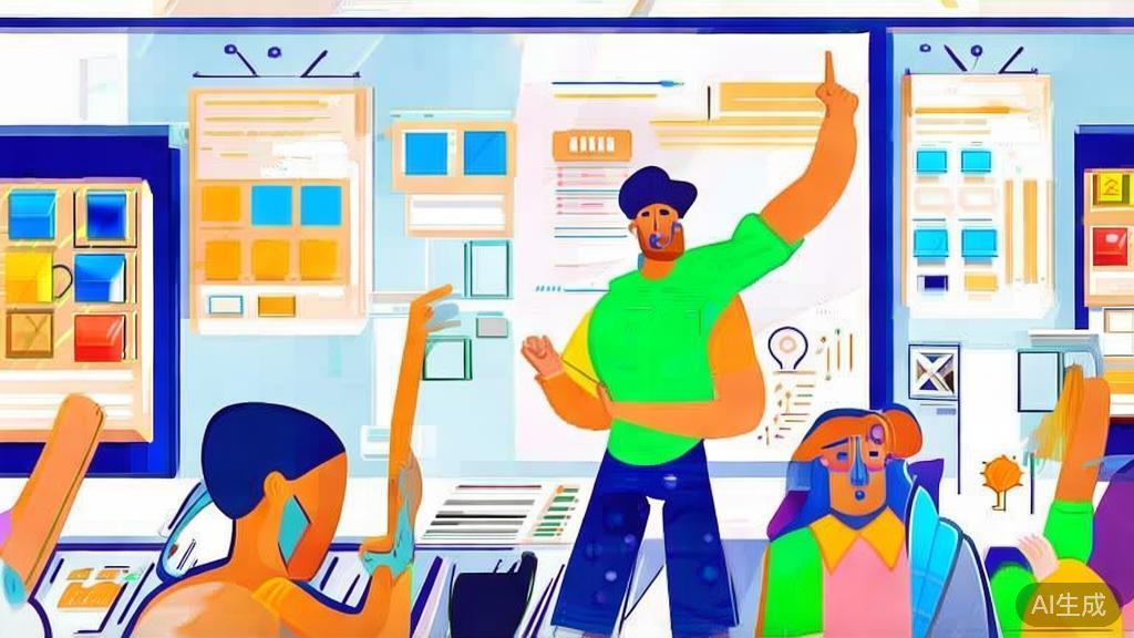 "High-quality illustration of a creative brainstorming session, showing collaboration and feedback, minimal flat design"