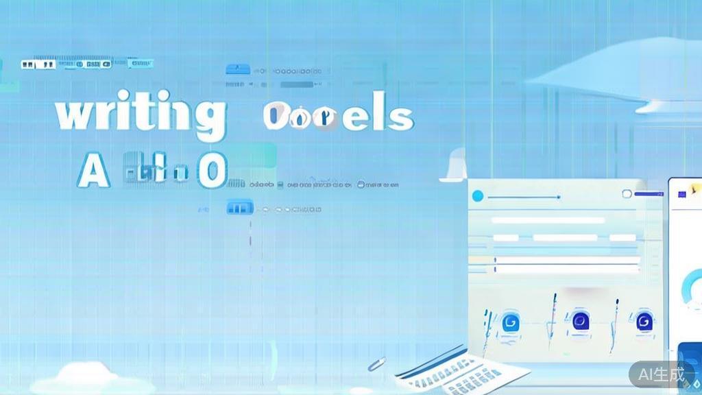 Flat vector illustration of writing process with AI tools, dashboard style, soft blue gradient