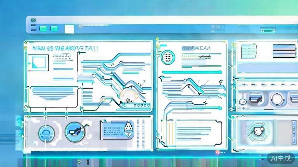 Flat vector illustration of news automation using AI, dashboard style, soft blue gradient