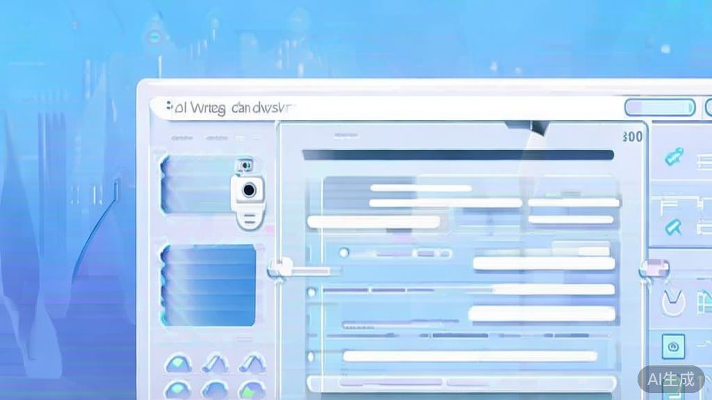 Flat vector illustration of AI writing collaboration, dashboard style, soft blue gradient