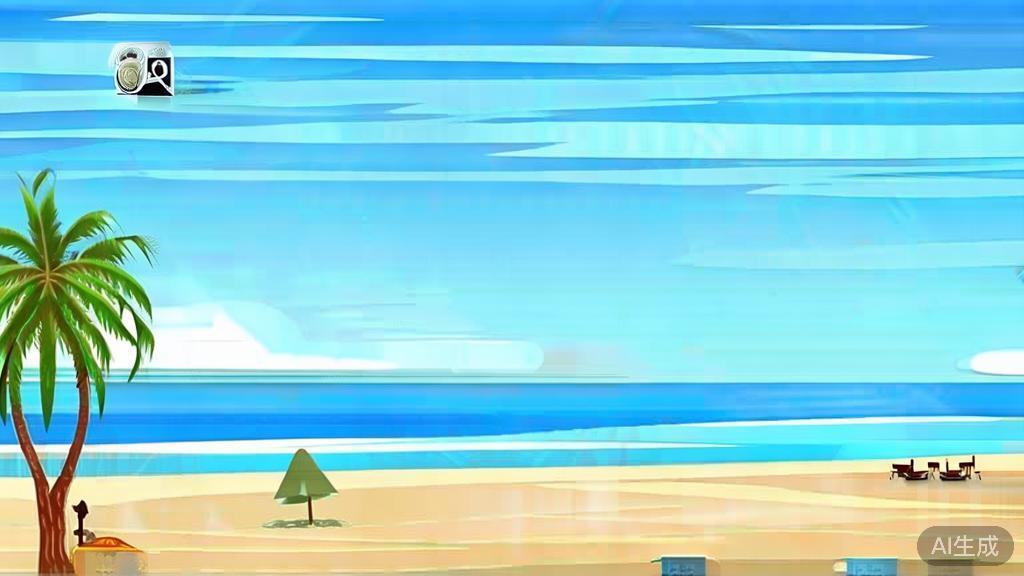 Flat vector illustration of a sunset beach, dashboard style, soft blue gradient