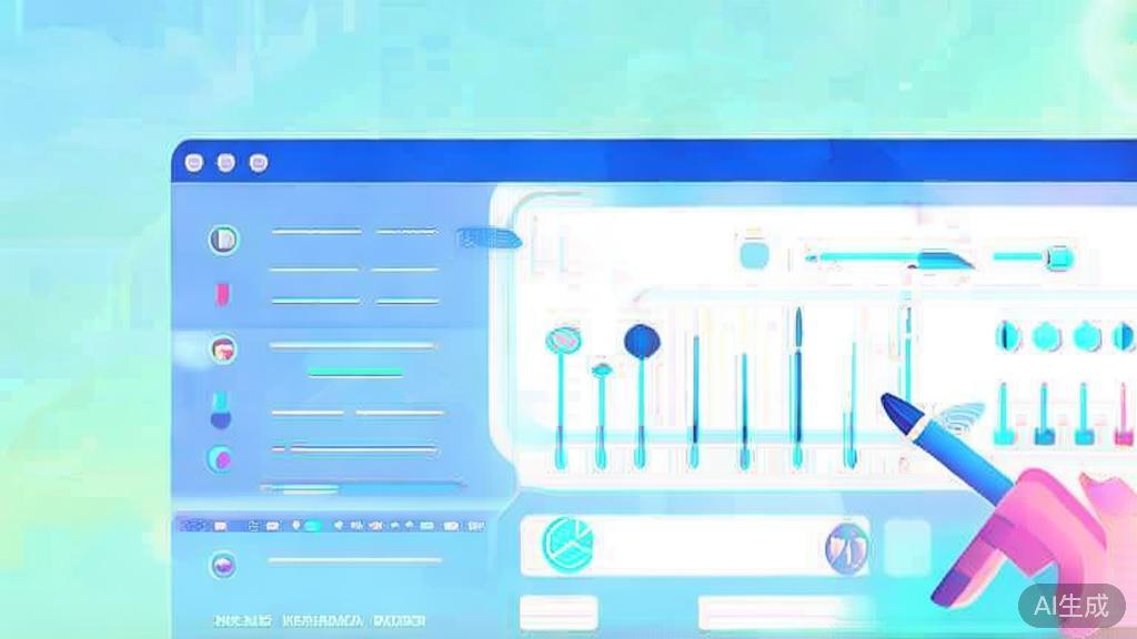 Flat vector illustration of AI drawing tools in use, dashboard style, soft blue gradient