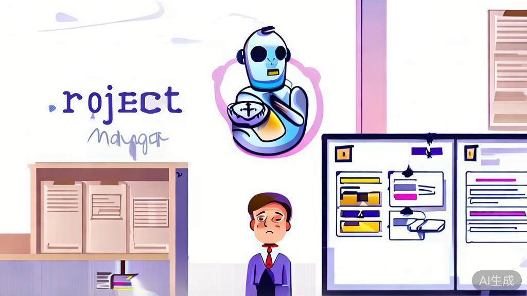 "Flat vector illustration of a project manager organizing tasks with AI assistance, minimal flat design"