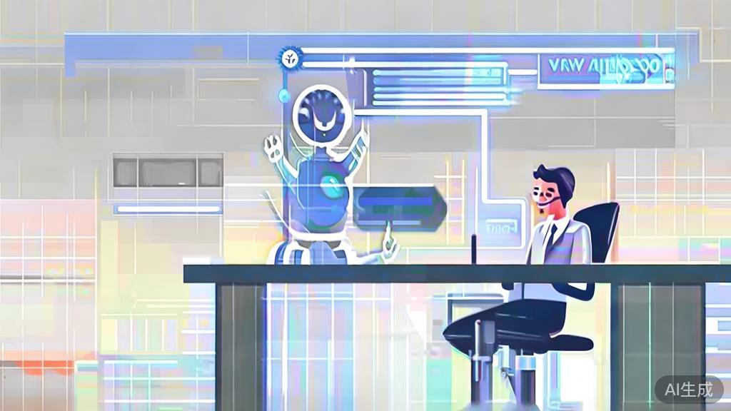 "High-quality illustration of a new employee learning with the help of AI, minimal flat design"
