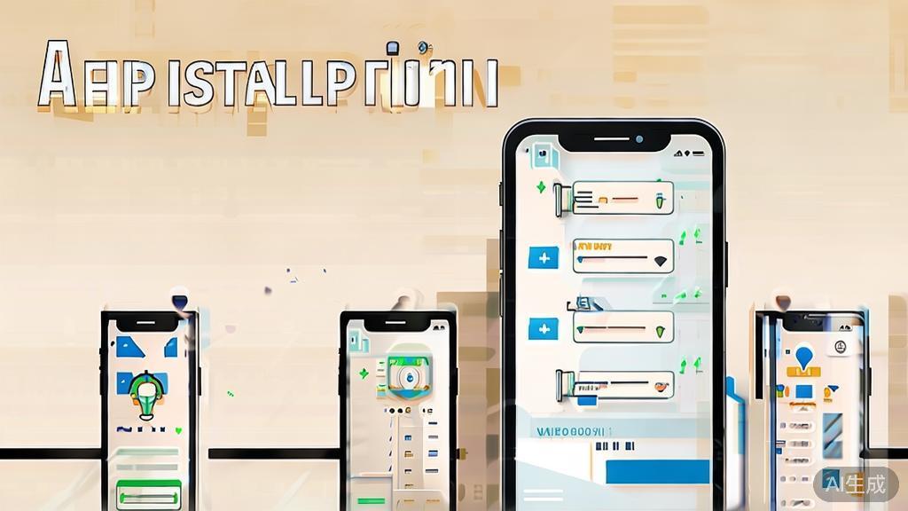 "High-quality business illustration of app installation process on a smartphone, minimal flat design"