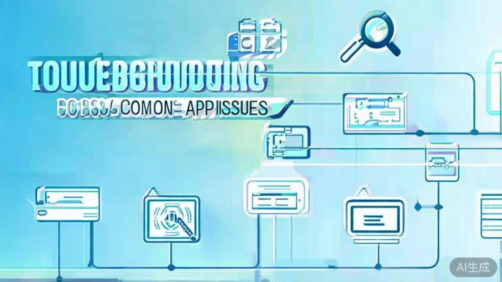 "Flat vector illustration of troubleshooting common app issues, soft blue gradient"