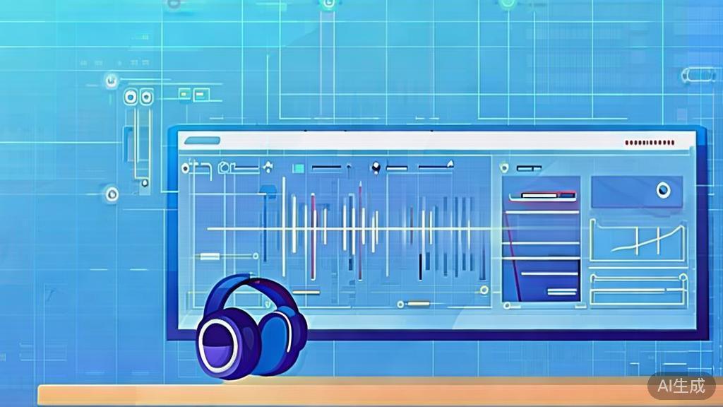 Flat vector illustration of audio optimization in video editing, dashboard style, soft blue gradient