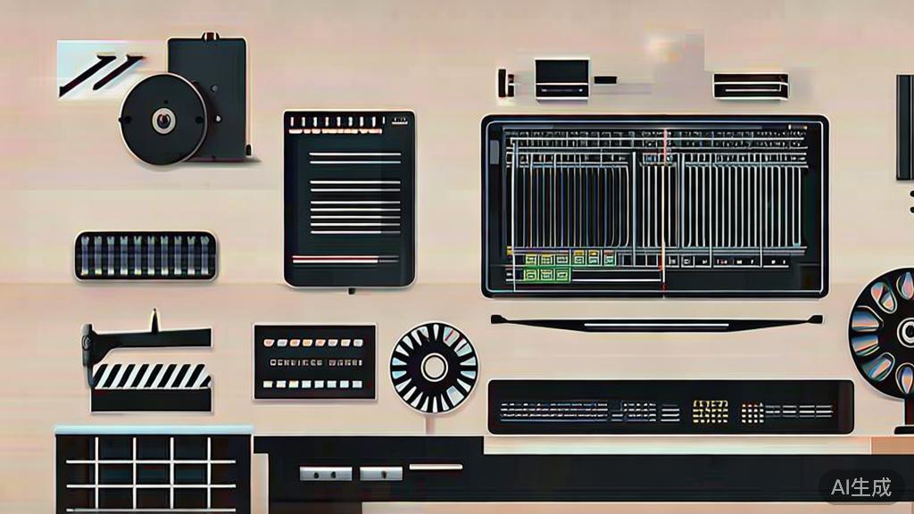 High-quality business illustration regarding traditional video editing tools, minimal flat design