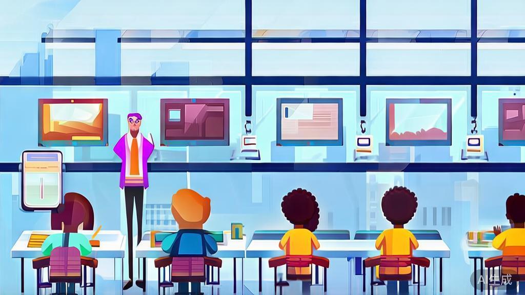 Flat vector illustration of a classroom setting with students engaging with video content, dashboard style