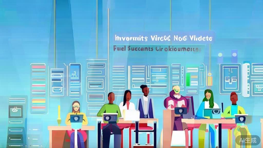 Flat vector illustration of university students engaging with educational videos, soft blue gradient