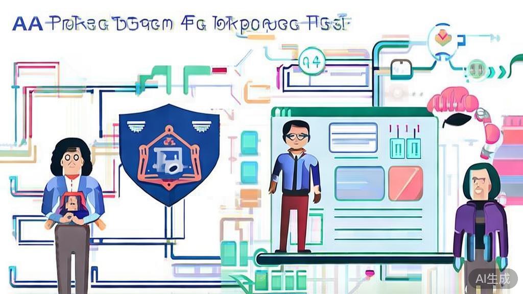 "Flat vector illustration of challenges in AI project management, showcasing data privacy and team adaptation, high quality"