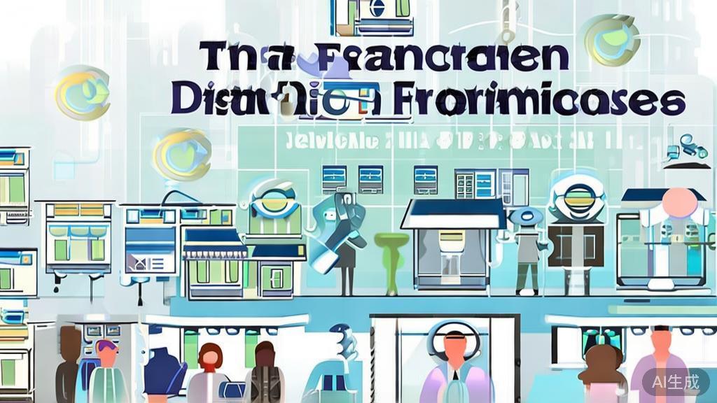 "High-quality business illustration depicting digital transformation in franchises, minimal flat design"