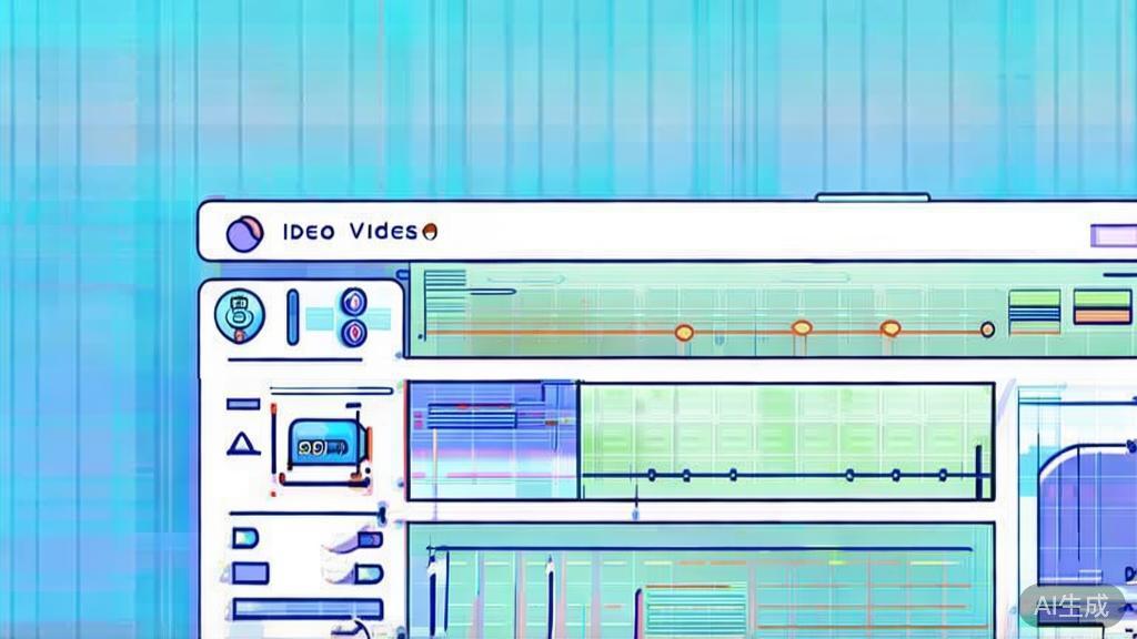 Flat vector illustration of video editing process, dashboard style, soft blue gradient